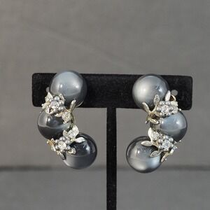 Coro Clip On Earrings Gray Moonglow Lucite Faux Pearl Rhinestone Floral Vintage